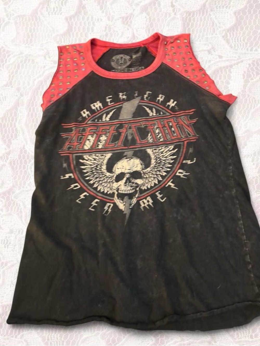 Affliction Black Tank with Red Studded Sleeves